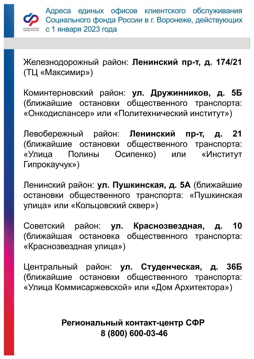 Адреса единых офисов клиентского обслуживания Социального фонда России в г.  Воронеже, действующих с 1 января 2023 года